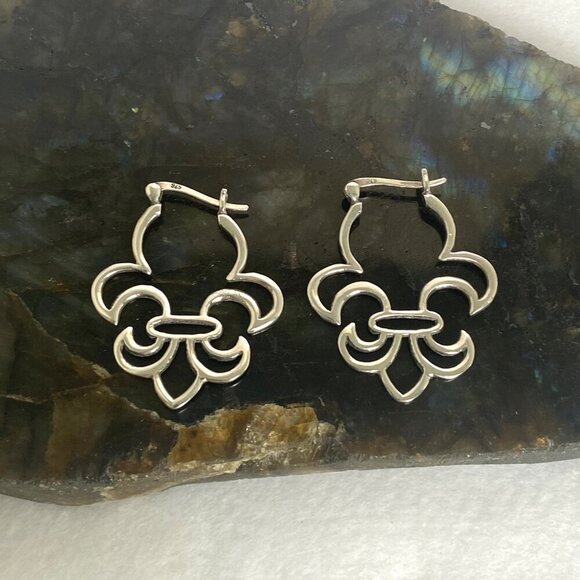 Sterling Silver 925 1.39" Fleur De Lis Hinged Clasp Hoop Earrings - Picture 11 of 15